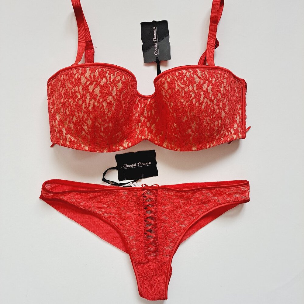 NEW Chantal Thomass Women Red Floral Set Bra 34 D & Underwear XS